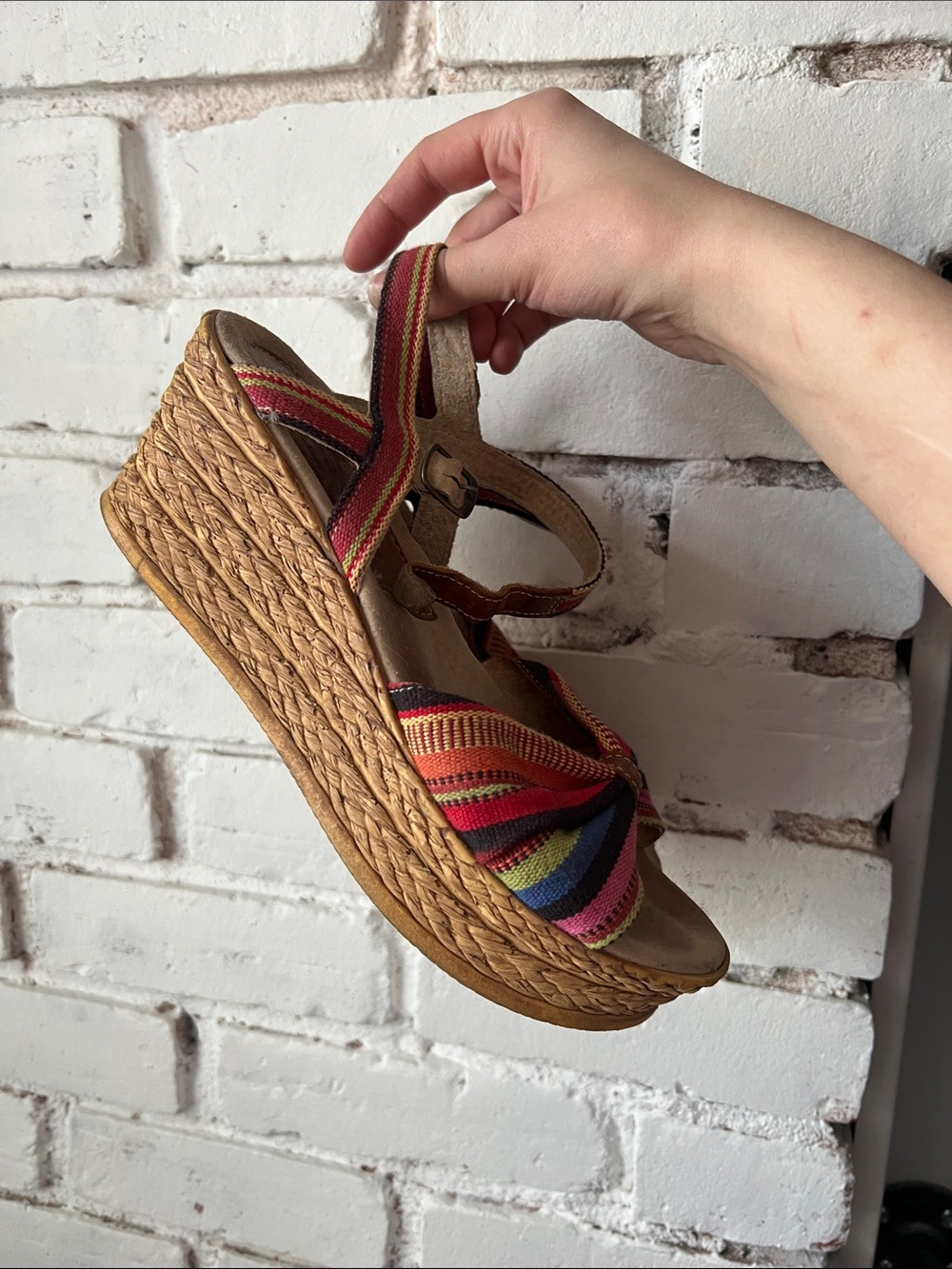 Platform Wedge sandal with fabric upper and buckle closure